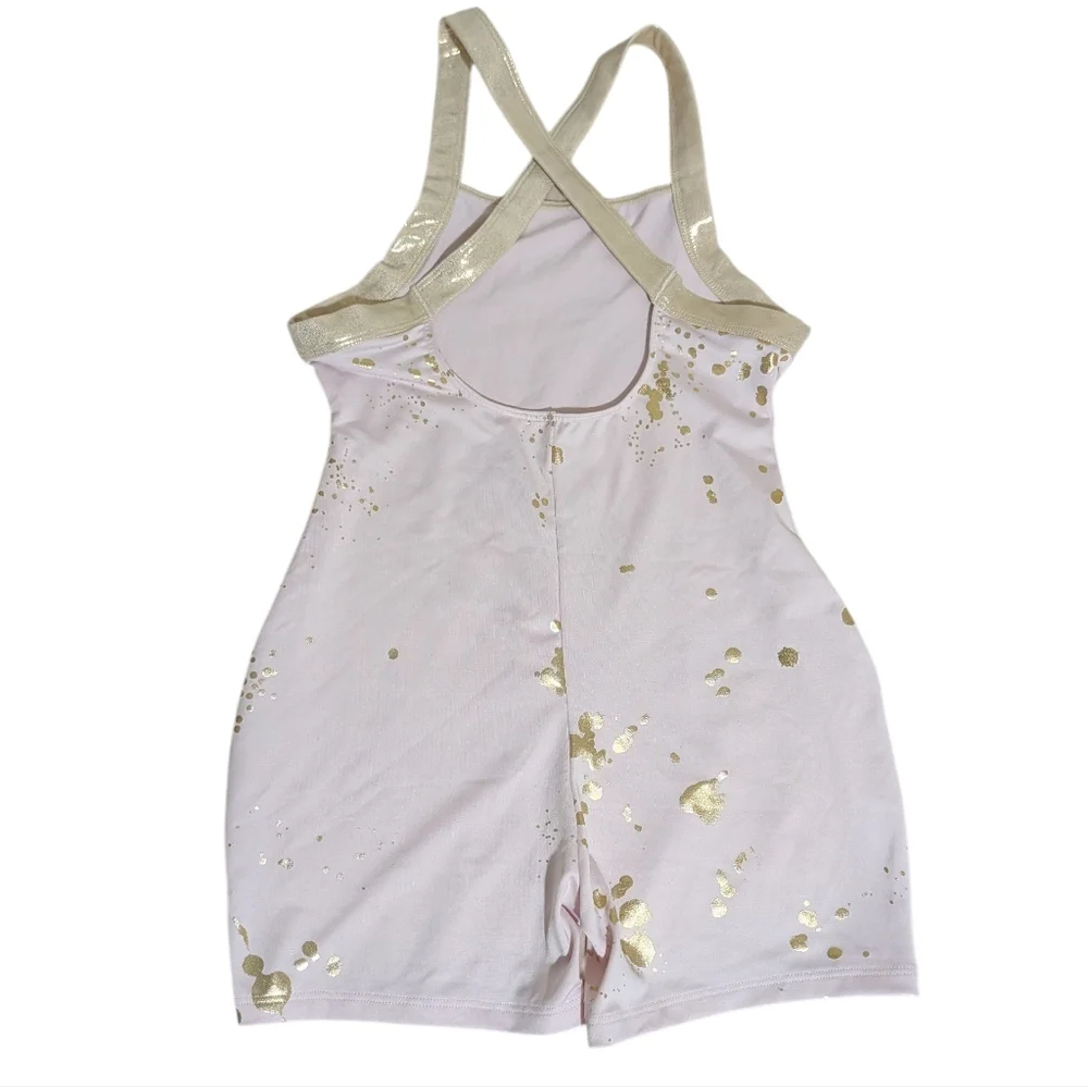 Justice Active Romper Gym One Piece Dance Gymnastics Gold Pink Girls L 12/14